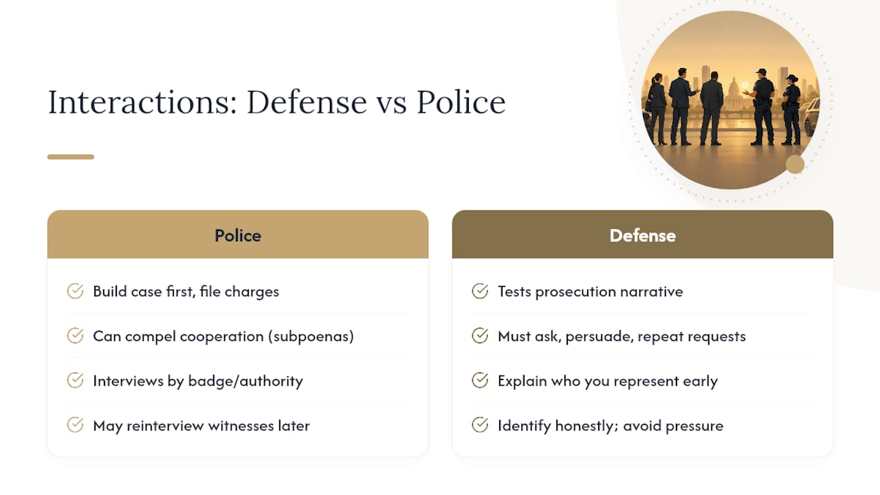 How Defense Investigators Interact With Law Enforcement and Prosecutors — overview diagram